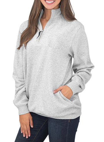 Samefar Women Ladies Long Sleeve High Neck Comfy Fuzzy Quarter Zip Pullover Sweatshirts Tunic With Pockets Gray X-Large