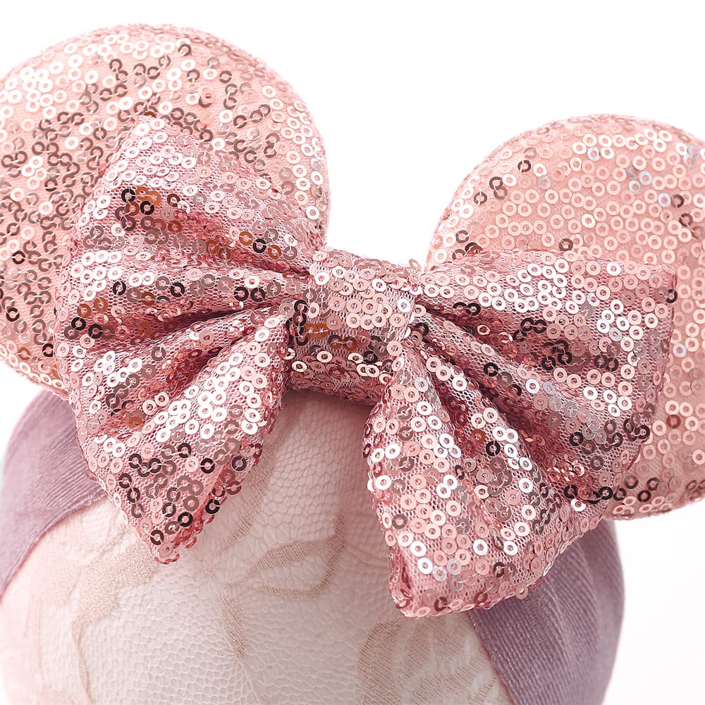 Jiahang Baby Girl Mouse Ears Turban Headwrap With Gold Sequin Bows, Wide Velvet Hairband For Newborn, Toddler, And Kids - Party