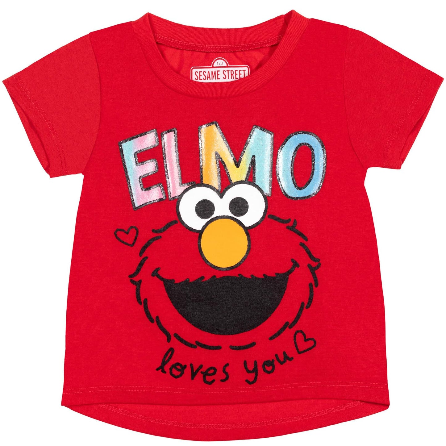 Sesame Street Elmo Toddler Girls Graphic T-Shirt Mesh Skirt And Scrunchie 3 Piece Outfit Set Red/Rainbow 2T