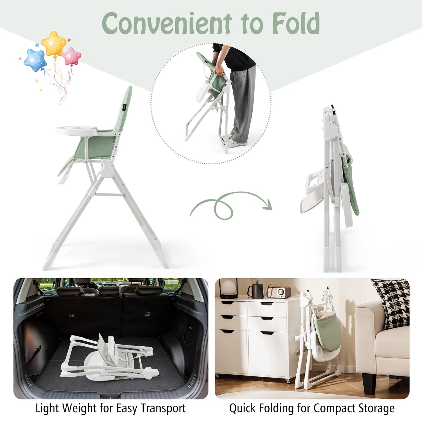 Baby Joy Foldable High Chair, Portable Highchairs For Babies And Toddlers With 3-Position Adjustable Tray & Footrest, Removable