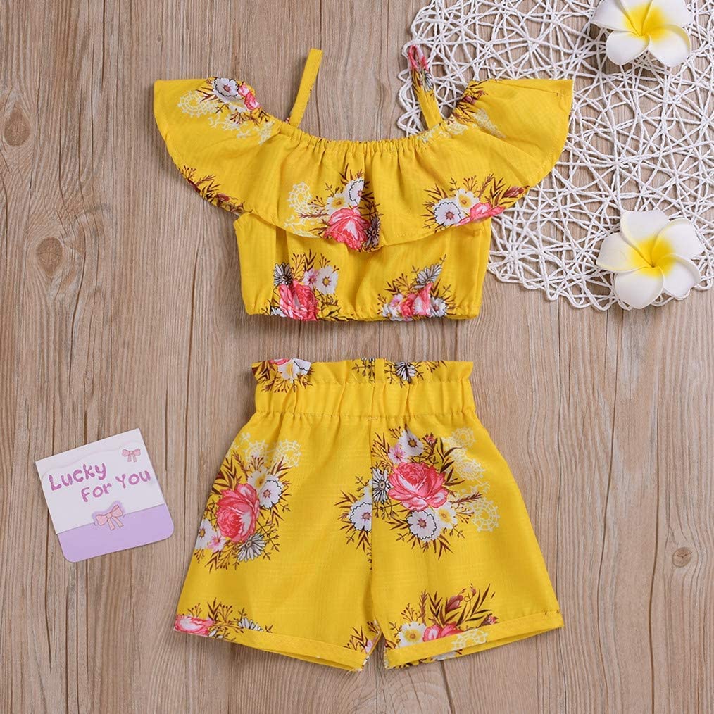 Boebnozcv Toddler Baby Girl Floral Halter Ruffled Outfits Set Yellow Strap Crop Tops+ Shorts Pants Summer Clothes Set