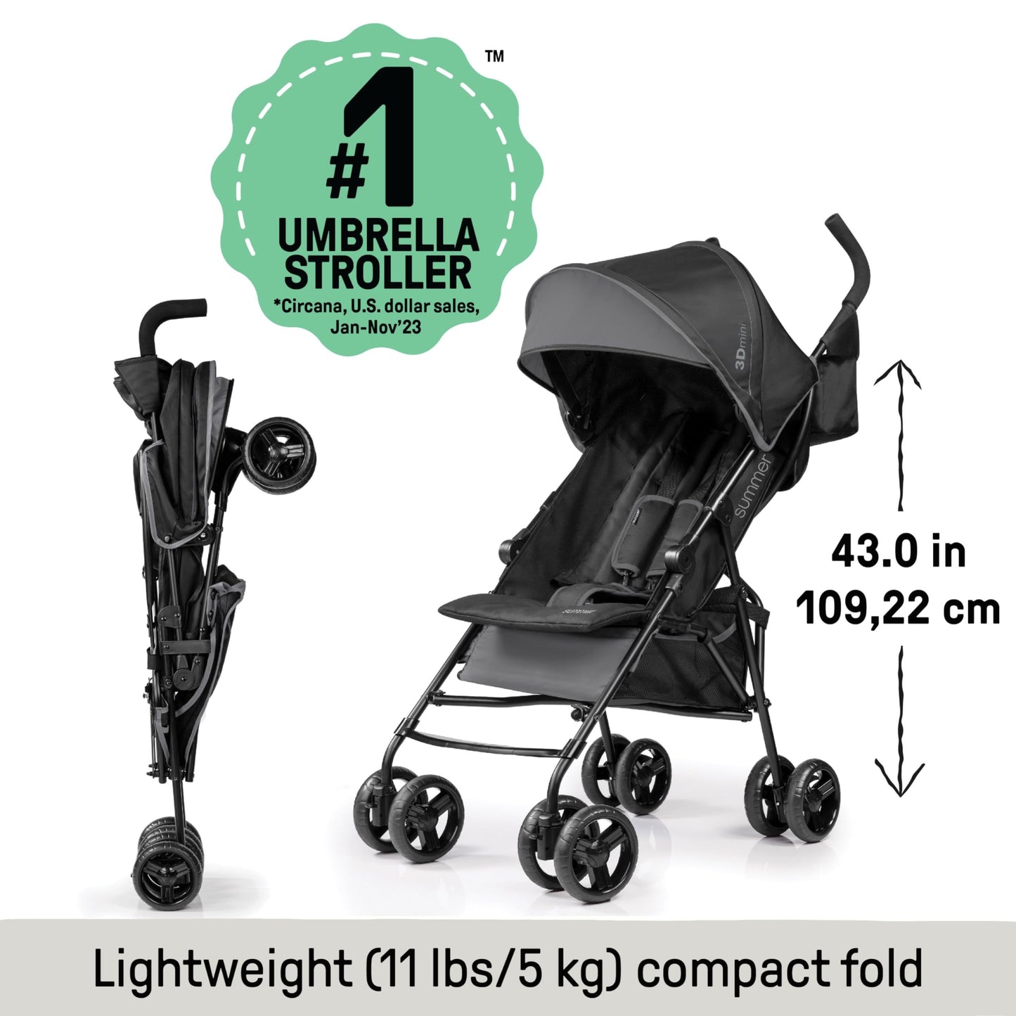 Summer By Ingenuity 3D Mini Convenience Stroller - Lightweight Stroller With Compact Fold, Multi-Position Recline, Canopy With P