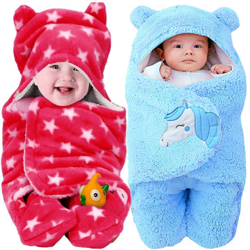 Swissberry Baby Blanket New Born Combo Pack of Hooded Swaddle Wrappers Security Blankets Pack of 2 Pc.(SkyBlue & Red, 06 Months