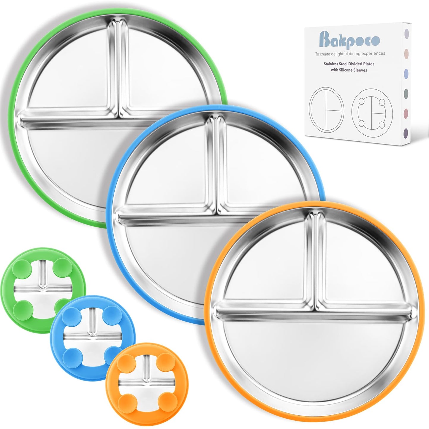 Bakpoco Stainless Steel Suction Plates for Toddlers, 9 Divided Kids Baby Plates with Removable Silicone Suction, Non Toxic Non S