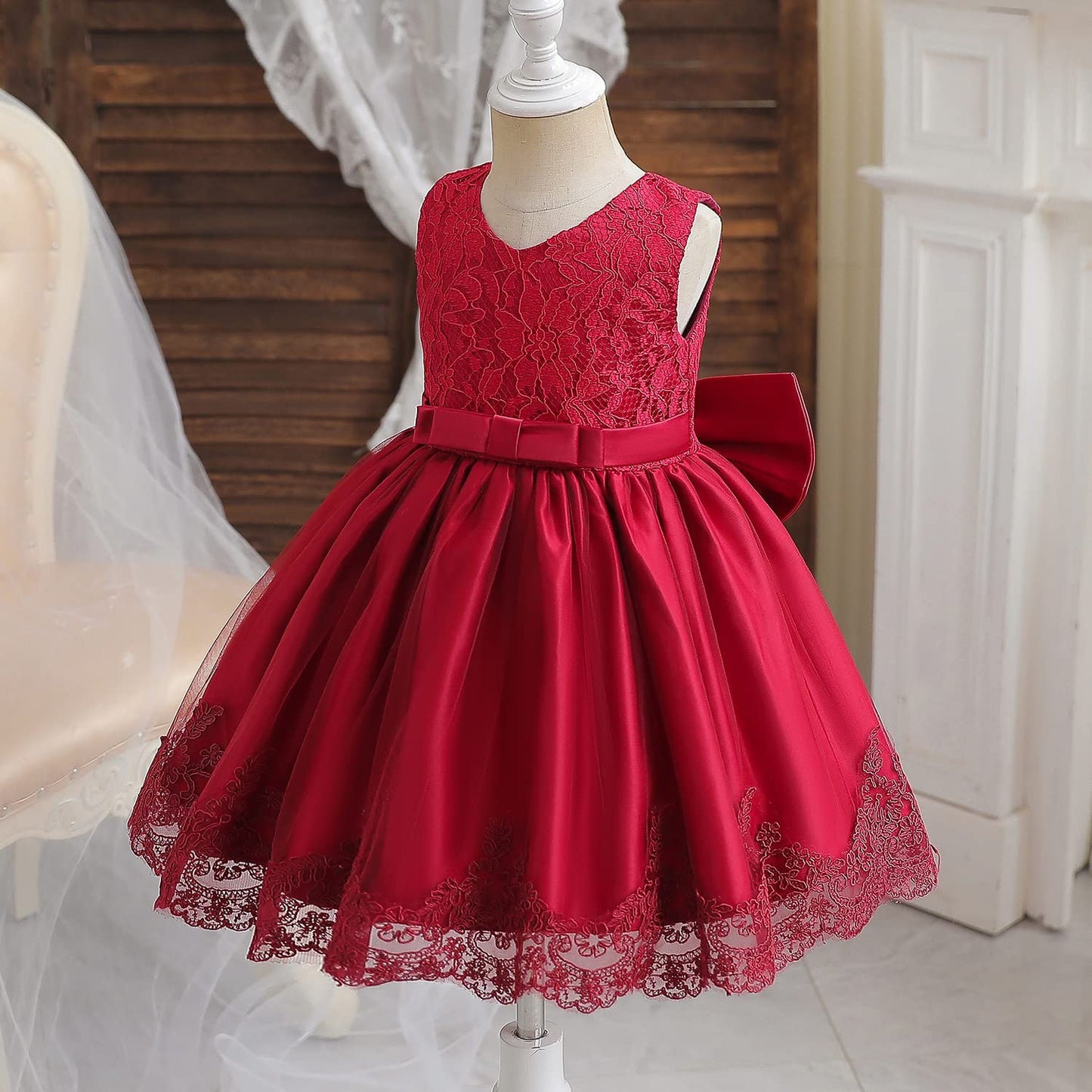 Nnjxd Baby Girls Lace Dress Bowknot Flower Dresses Wedding Pageant Baptism Christening Tutu Gown Size (80) 6-12 Months #Red