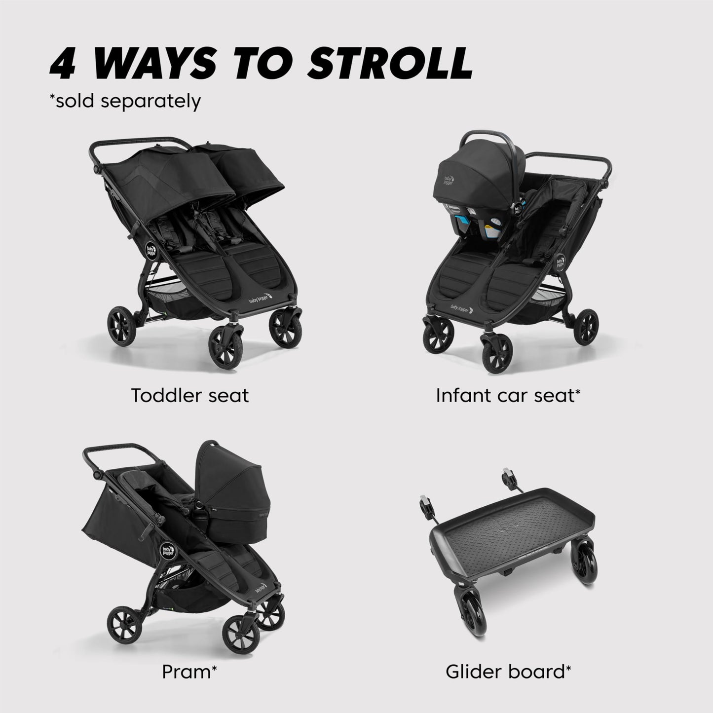 Baby Jogger City Mini Gt2 All-Terrain Double Stroller, Jet Black, Perfect For Newborn And Toddler, Compatible With Britax, Cybex
