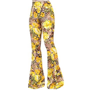 Smt Womens High Waist Wide Leg Long Bell Bottom Yoga Pants Medium Animal Floral Yellow