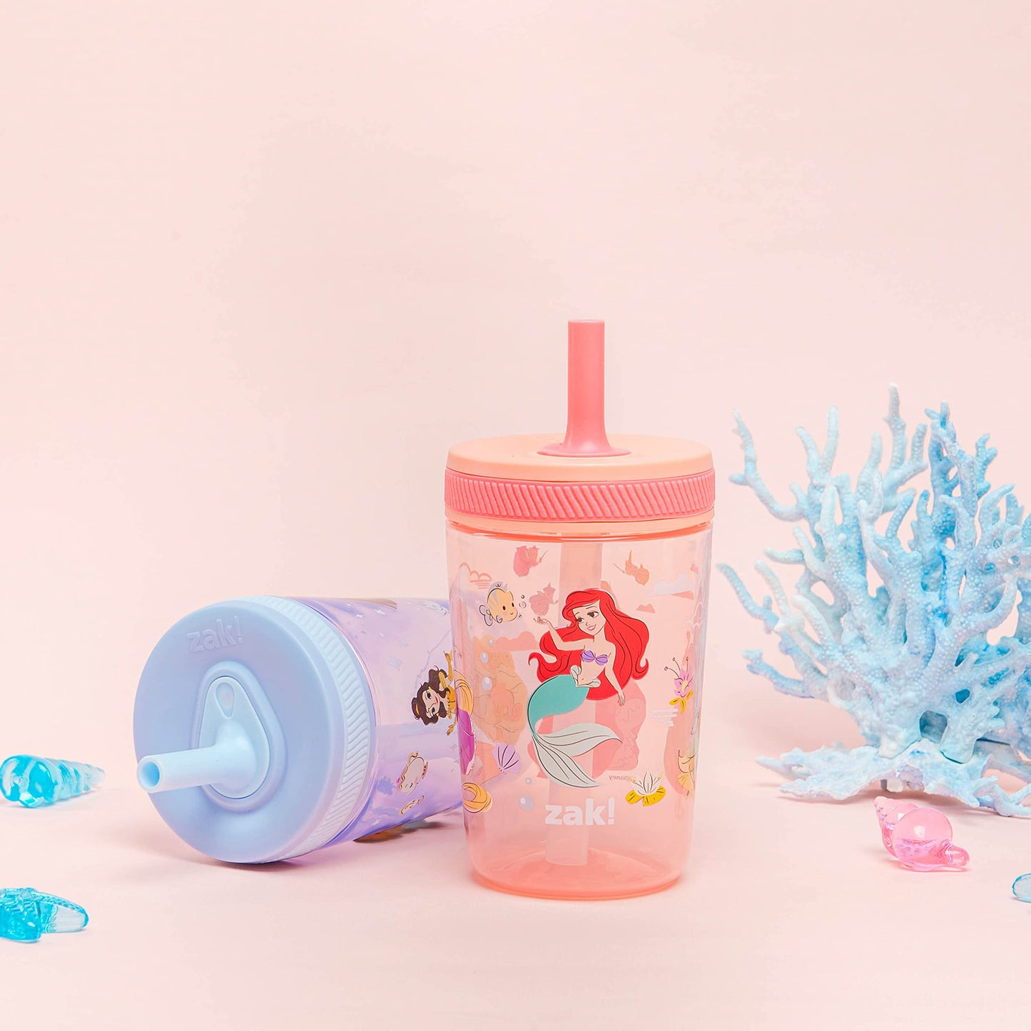 Zak Designs Disney Princess Kelso Toddler Cups For Travel or Home, 15oz 2-Pack Plastic Sippy Cups, Leak-Proof For Kids (Ariel, A