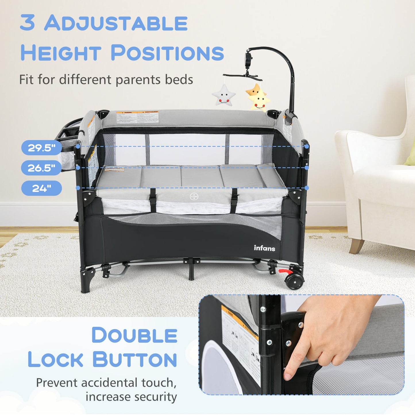 Infans Pack And Play, 5 In 1 Baby Bedside Sleeper With Bassinet, Diaper Changer, Mattress, Carry Bag, Music Box Hanging Toys, Fo