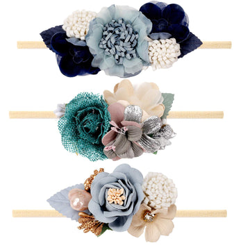 VOBOBE Baby Girl Nylon Headbands Infant Flower Elastic Hair Band Bows Wraps For Newborn Toddler Hair Accessories Pack of 3 (A-Bl