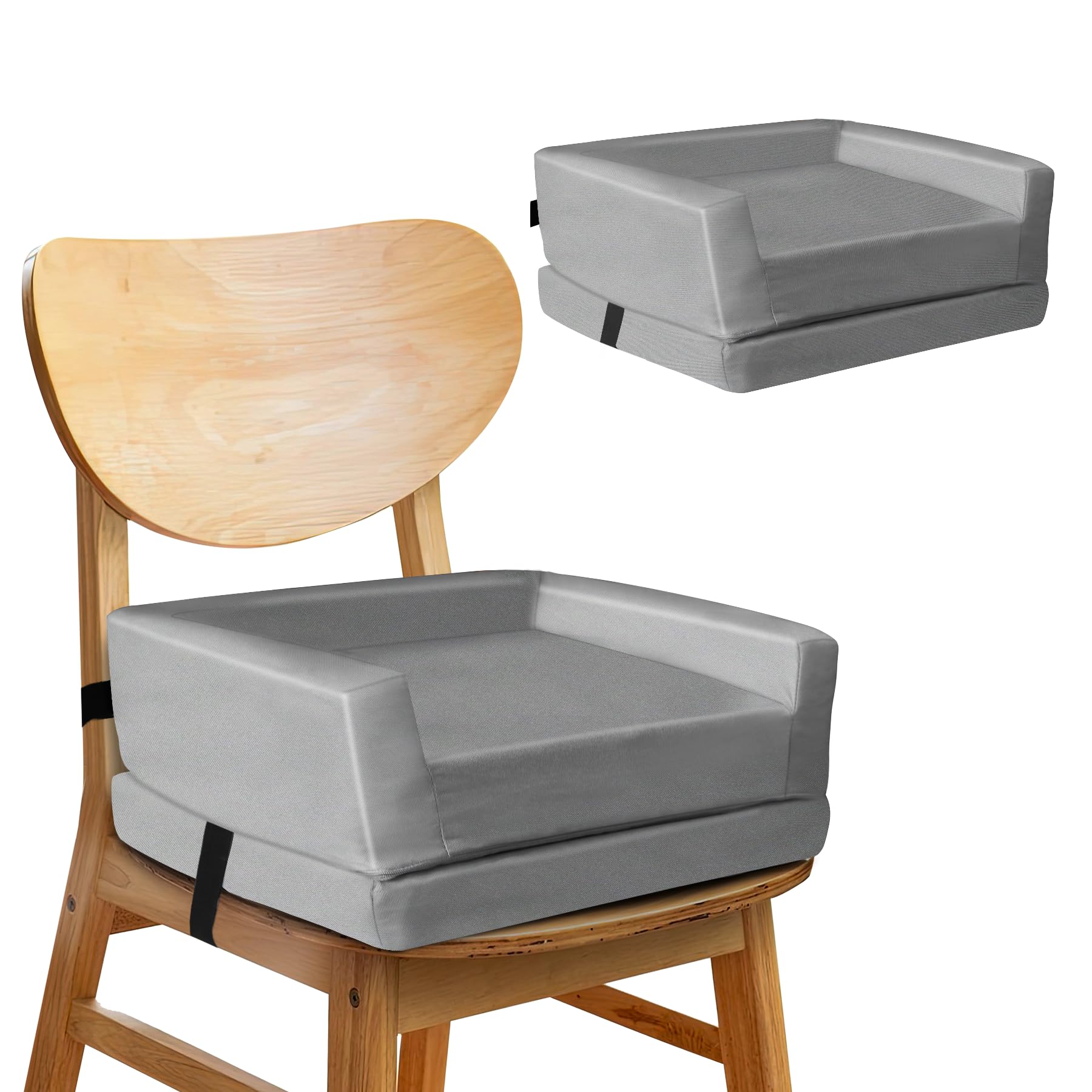 Ajustable Height Booster Seat Cushion for Dining Table with Safety Buckle, 16.1x14.1x7.8 Grey 2-Layer Foam Cushion with Hook & L
