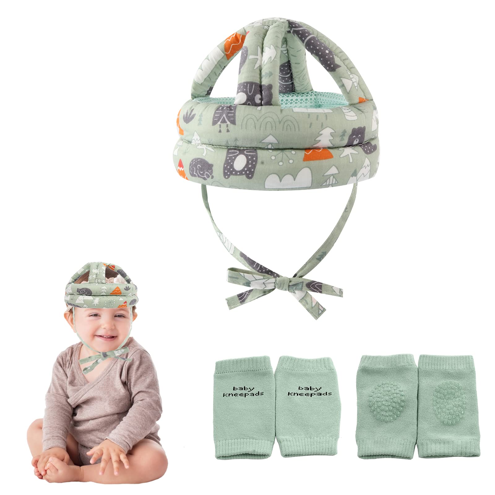 Baby Safety Helmet Infant Toddler Breathable and Adjustable Head Cushion Bumper Bonnet for Running Walking Crawling (Green),BB-1