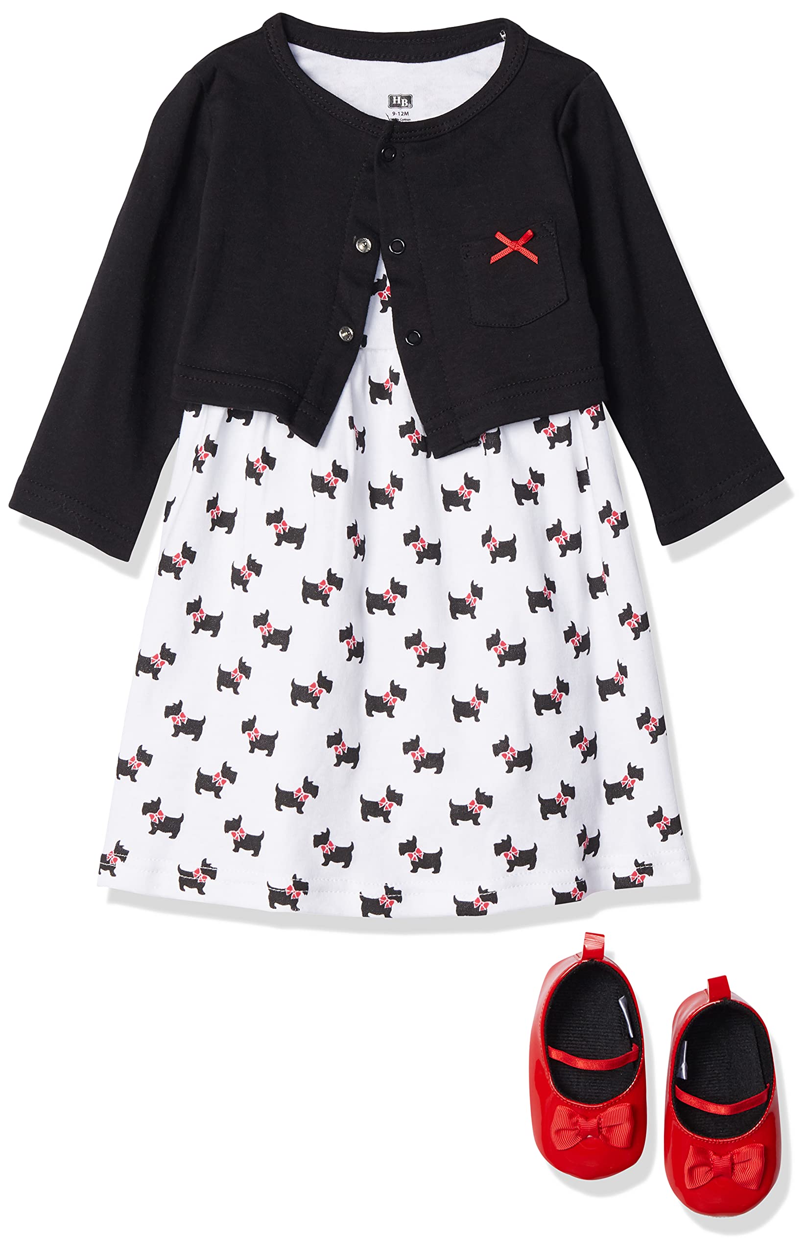 Hudson Baby Baby Girl Cotton Dress, Cardigan And Shoe Set, Scottie Dog, 0-3 Mont WBBAPB07QW8YY98