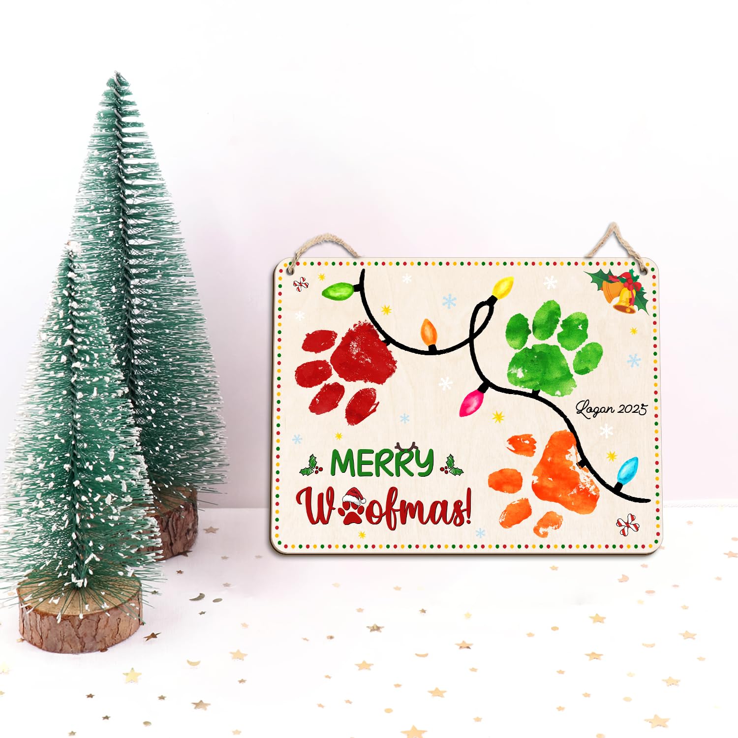 DIY Dog Paw Print Christmas Lights Crafts Keepsake, Pet Paw Print Art Project Xmas Tree Decor Hanging Sign, Christmas Lights Paw