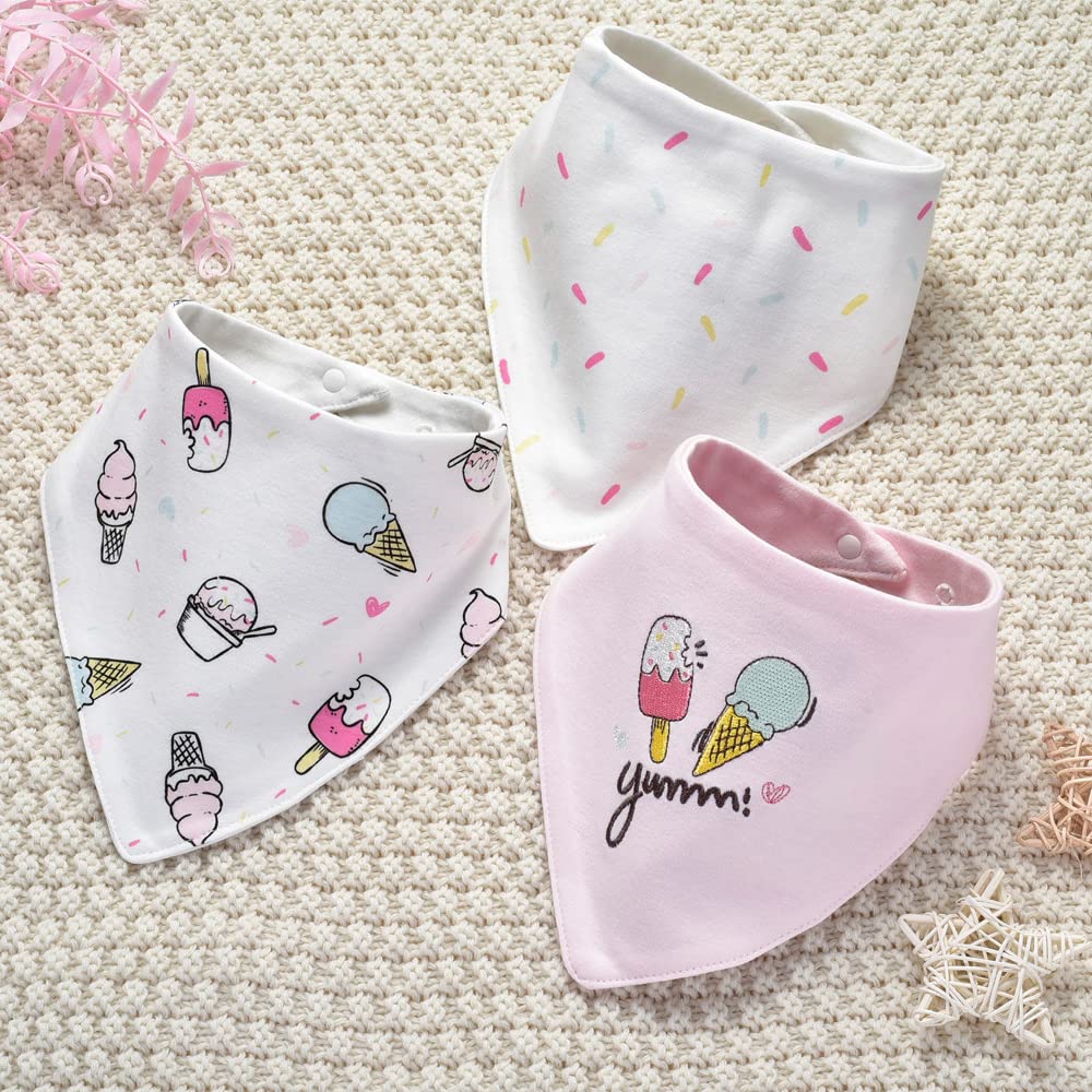 Jn&Lulu 3 Pack Newborn Baby Bibs Bandana Drool Bibs For Drooling Cotton Baby Gifts (Ice Cream)