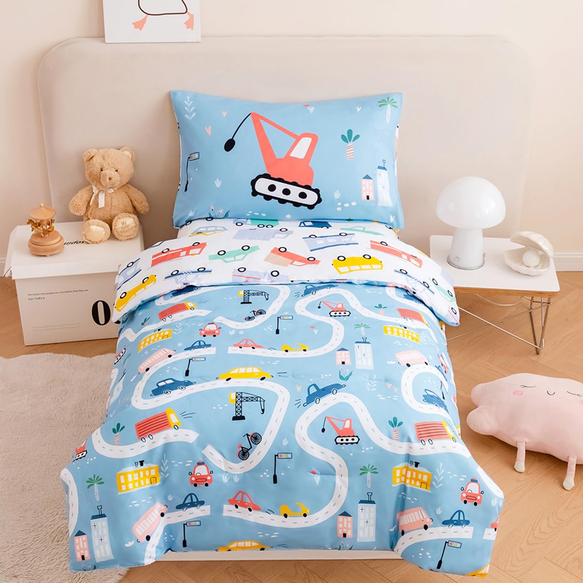 Perfemet 4-Piece Toddler Bedding Set Boys Cars Toddler Comforter With Sheets Reversible Lightweight Blue Vehicles Toddler Bed Se