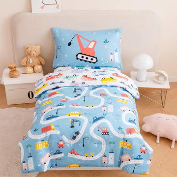 Perfemet 4-Piece Toddler Bedding Set Boys Cars Toddler Comforter With Sheets Reversible Lightweight Blue Vehicles Toddler Bed Se