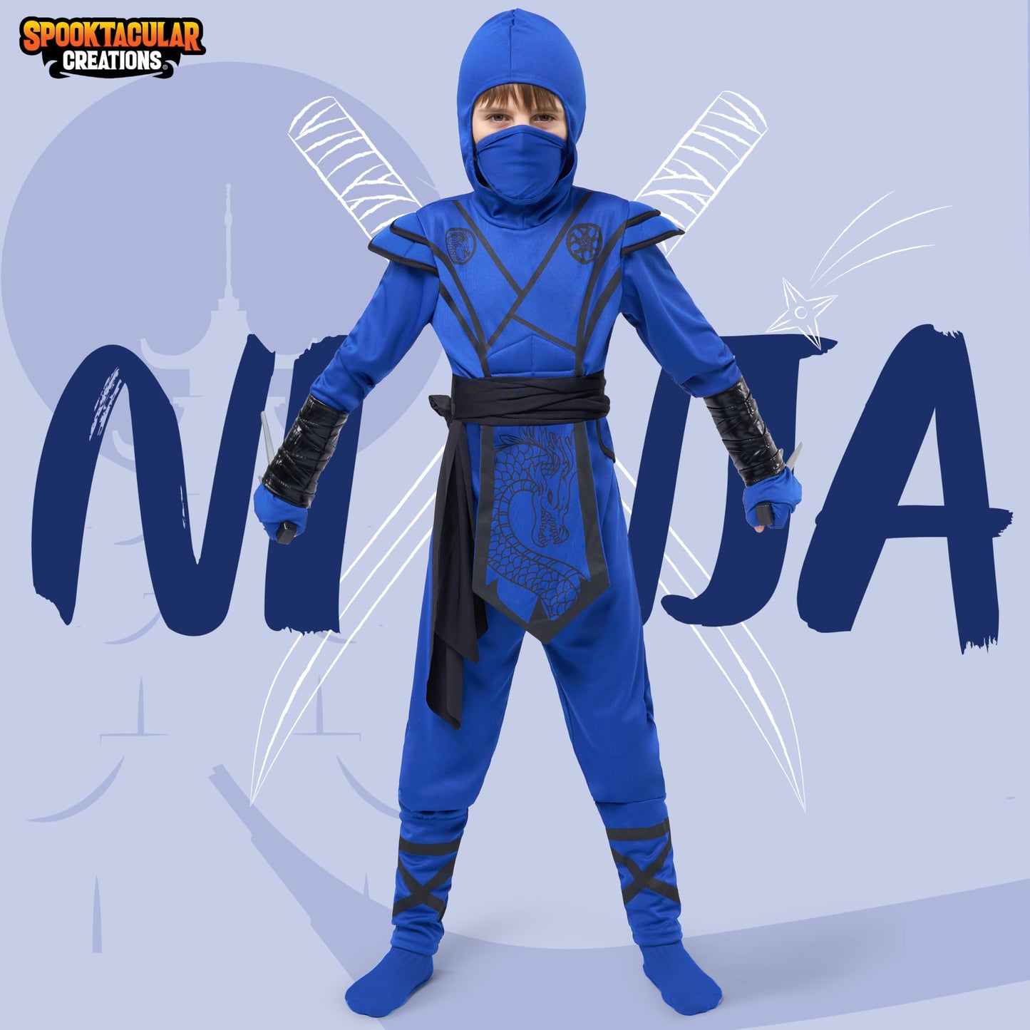 Spooktacular Creations Halloween Ninja Costume Kids, Blue Black Ninja Dragon Costume Set, Boys Halloween Outfit For Dressup And