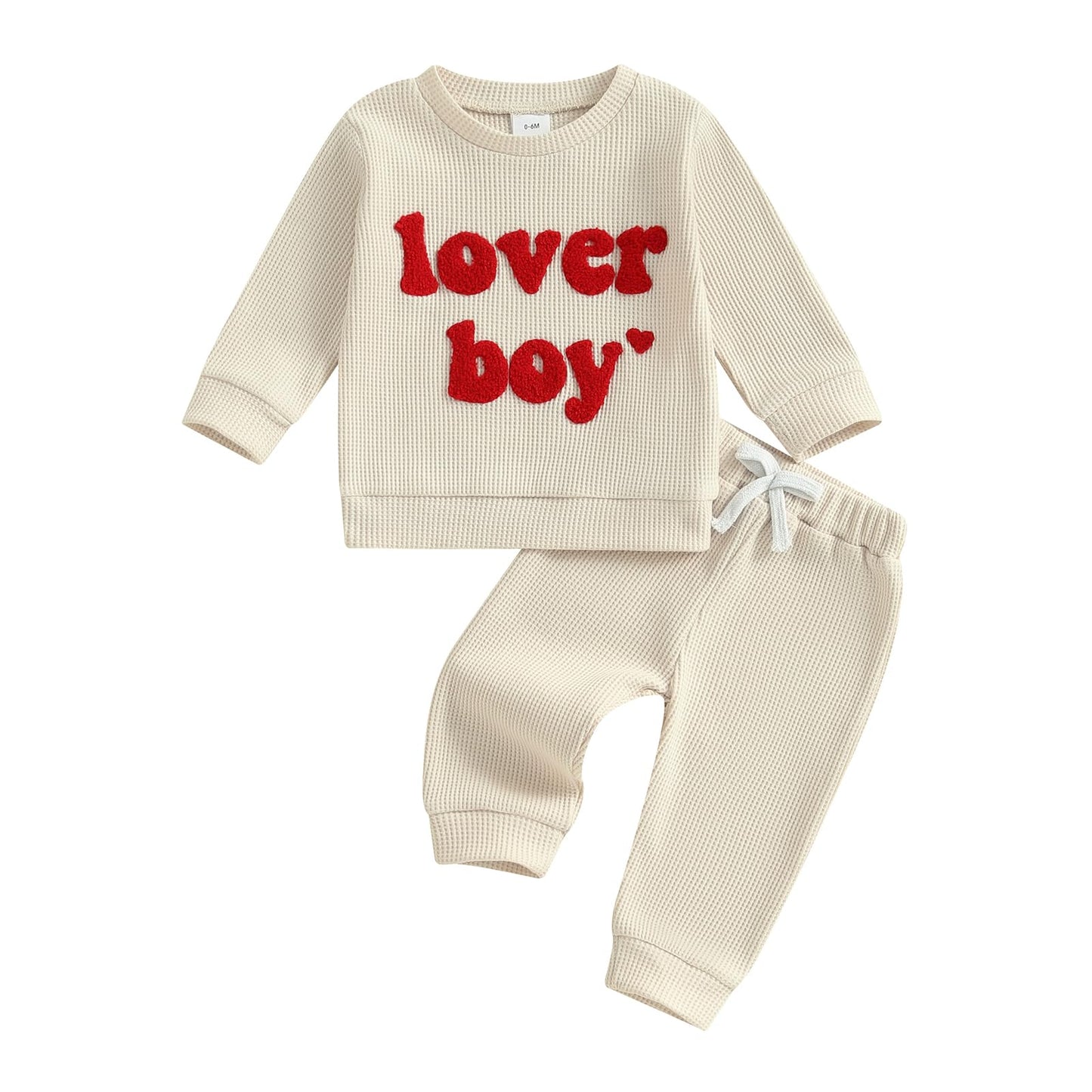 Lesimsam Toddler Baby Boy Valentine'S Day Outfit Letter Embroidery Long Sleeve Waffle Knit Sweatshirt And Pants Set(Apricot, 12-