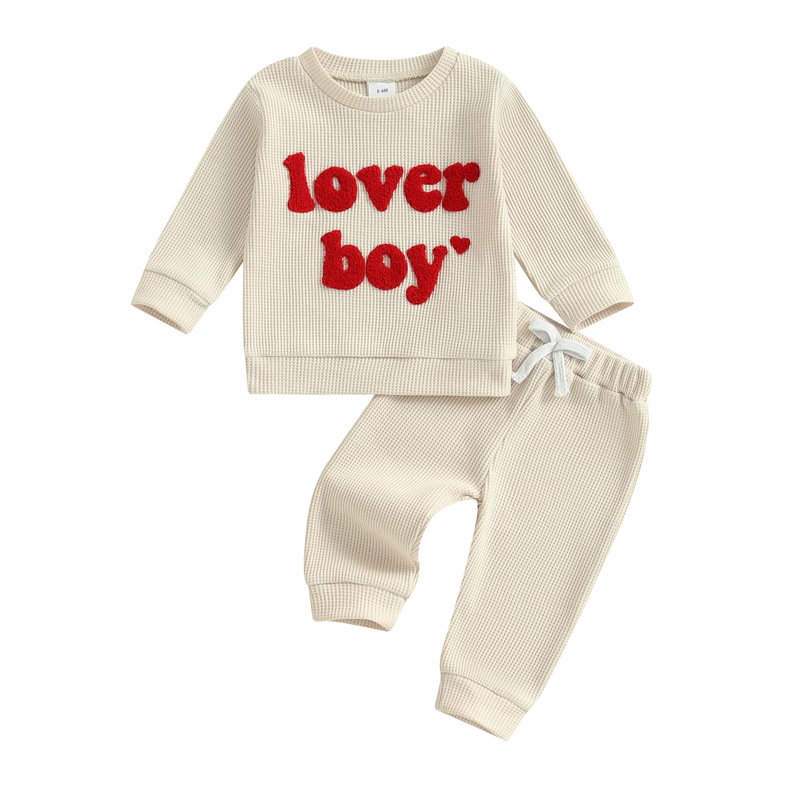 Dewadbow Baby Boy Spring Fall Clothes Set Letter Print Crewneck Sweatshirt Long Pants Toddler Valentines Day Outfit (Apricot, 0-