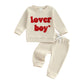Lesimsam Toddler Baby Boy Valentine'S Day Outfit Letter Embroidery Long Sleeve Waffle Knit Sweatshirt And Pants Set(Apricot, 0-6