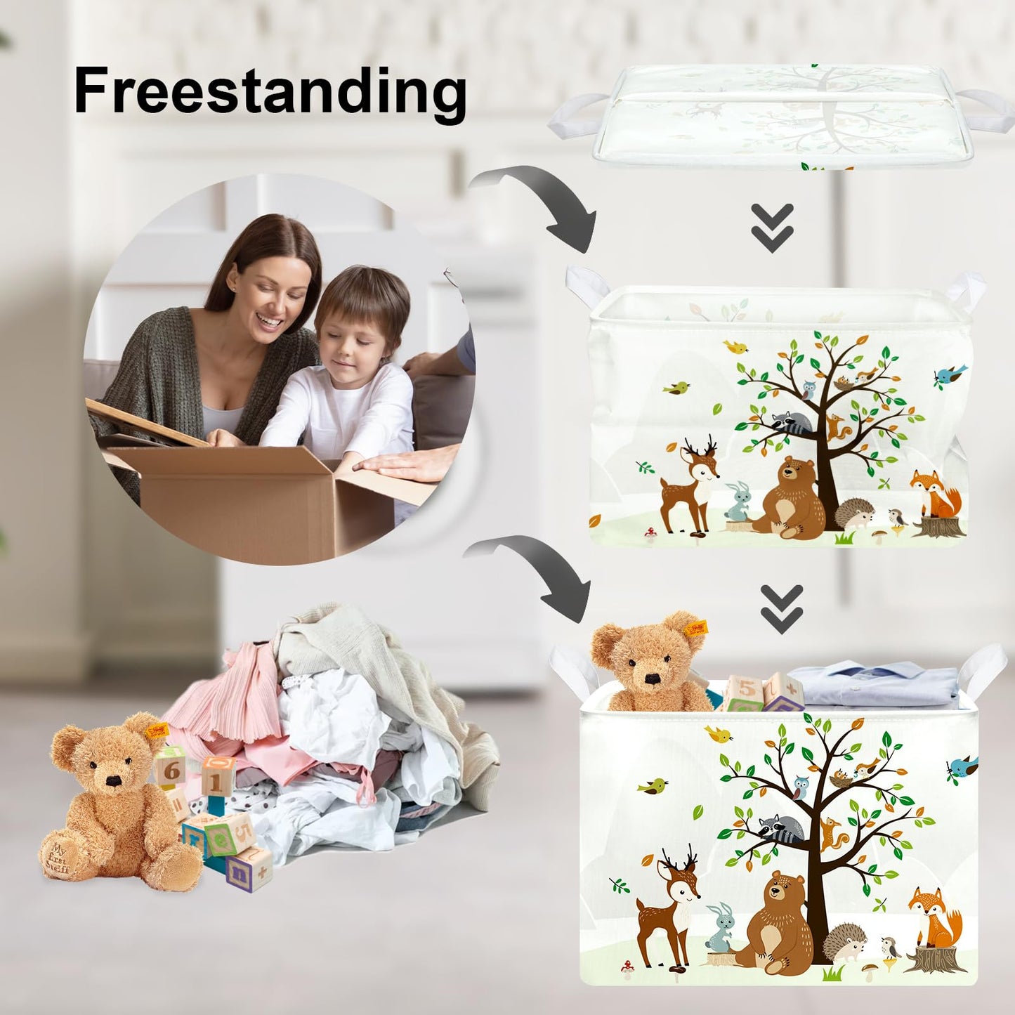 Clastyle Woodland Animals Bear Fox Raccoon Tree Baby Gift Storage Basket Deer Owl Collapsible Rectangular Shelf Basket Toy Book