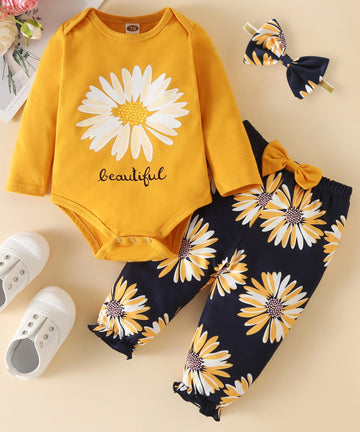 Fullfamous Baby Girl Clothes Gifts Outfits,Fall Winter Long Sleeve Romper And Pant Set Yellow Sunflower Newborn