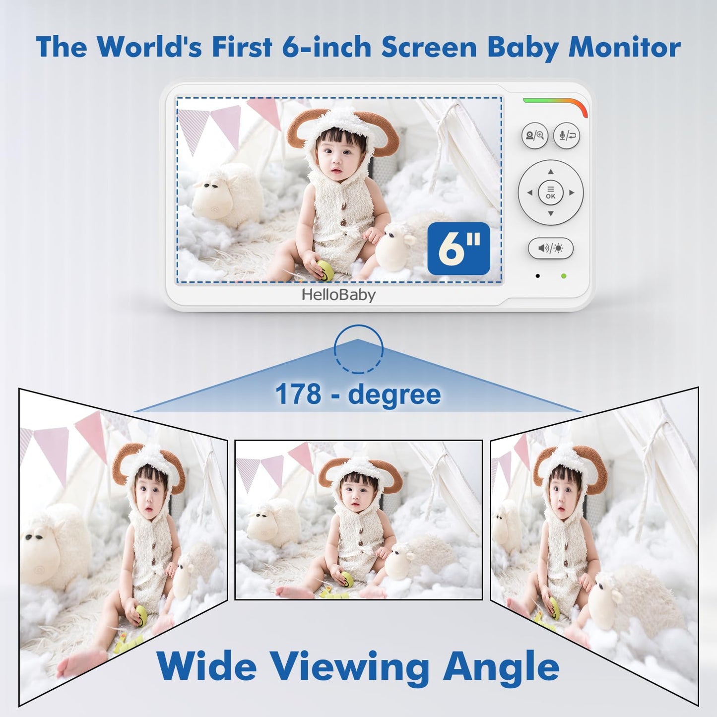 Hellobaby Baby Monitor With Camera And Audio, 6'' World First Ips Screen Baby Camera Monitor No Wifi, 30-Hrs Battery, Eco, Vox,