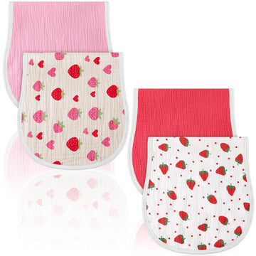 Hahafelt 4 Pcs Strawberry Baby Burp Cloths 100% Cotton Absorbent & Soft Burping Cloth Newborn Towel 2-in-1 Large Size Baby Spit 