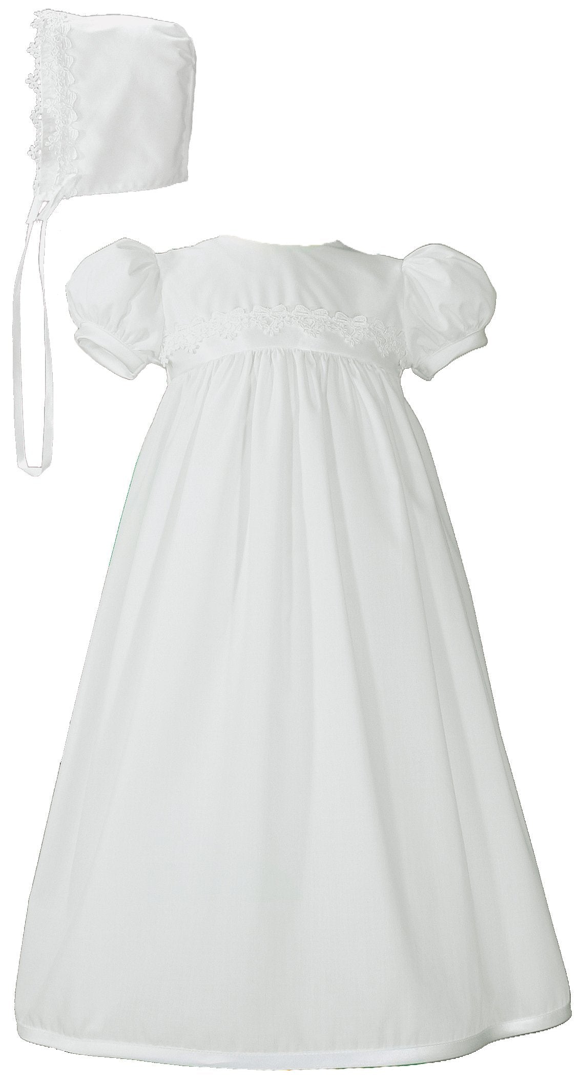 White Polycotton Christening Baptism Gown With Lace Trim & Bonnet - 6 Month