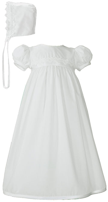 White Polycotton Christening Baptism Gown With Lace Trim & Bonnet - 6 Month