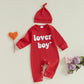 Lesimsam Newborn Infant Baby Boy Valentines Day Outfit Letter Embroidery Long Sleeve Waffle Knit Romper Jumpsuit With Hat(Red, 0