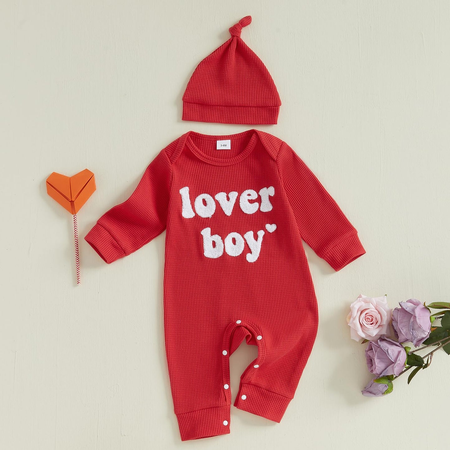 Lesimsam Newborn Infant Baby Boy Valentines Day Outfit Letter Embroidery Long Sleeve Waffle Knit Romper Jumpsuit With Hat(Red, 0