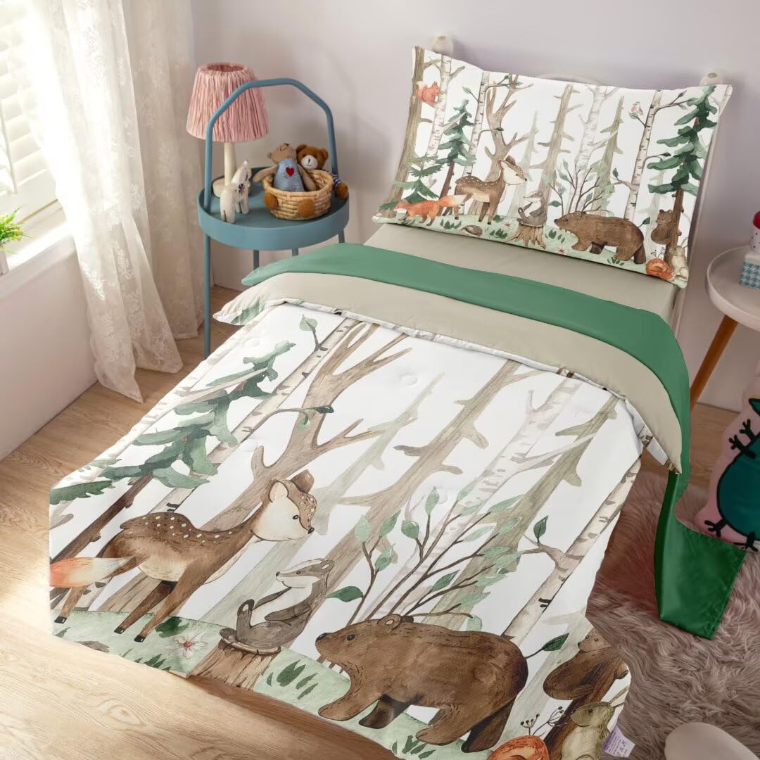 Ckou Ccoo 4 Pieces Woodland Animal Toddler Bedding Set, Forest Deer Bear Bed Comforter Setfor Baby Boys Girls, Cute Toddler Quil