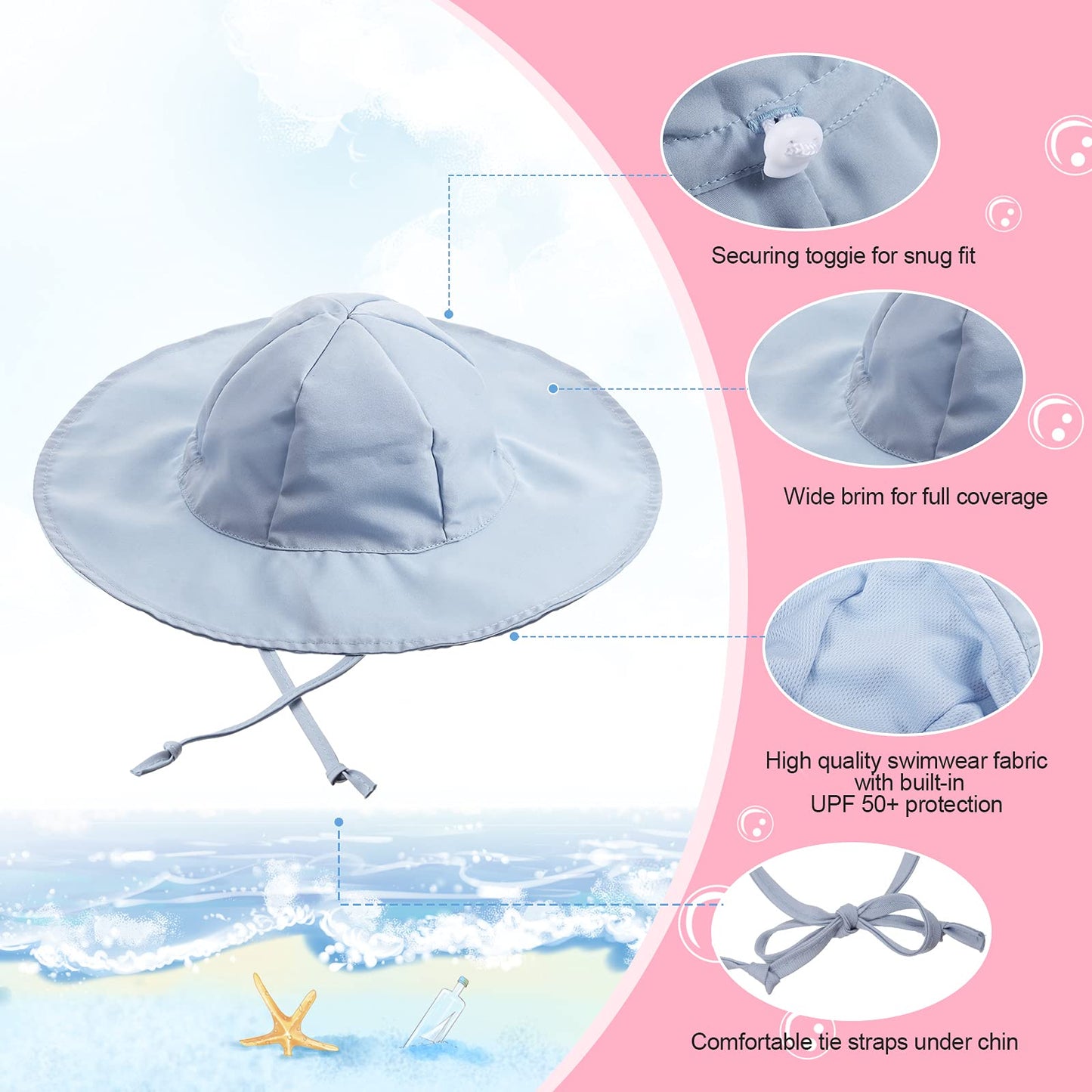 Geyoga 3 Pcs Baby Sun Hat Summer Beach Hat Outdoor Adjustable Floppy Hat With Protection Wide Brim For Boy And Girl(Blue, White,