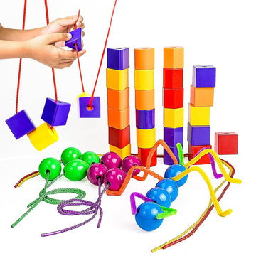 Skoolzy 46 Pcs Lacing Beads - Large Beads for Preschool Learning Activities, Sensory Toys for Toddlers 3-4, Autism Toys for Todd
