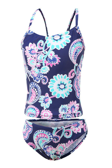 Girls Two Piece Tankini Swimsuits Hawaiian Floral Swimwear Kids Beach Bathing Suit Set Purple Size 14/14-16