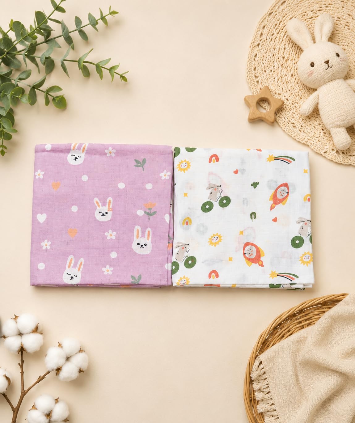 Cloud Nest Muslin Swaddle Blanket, Lilac Bunny & Rocket Theme, Set of 2