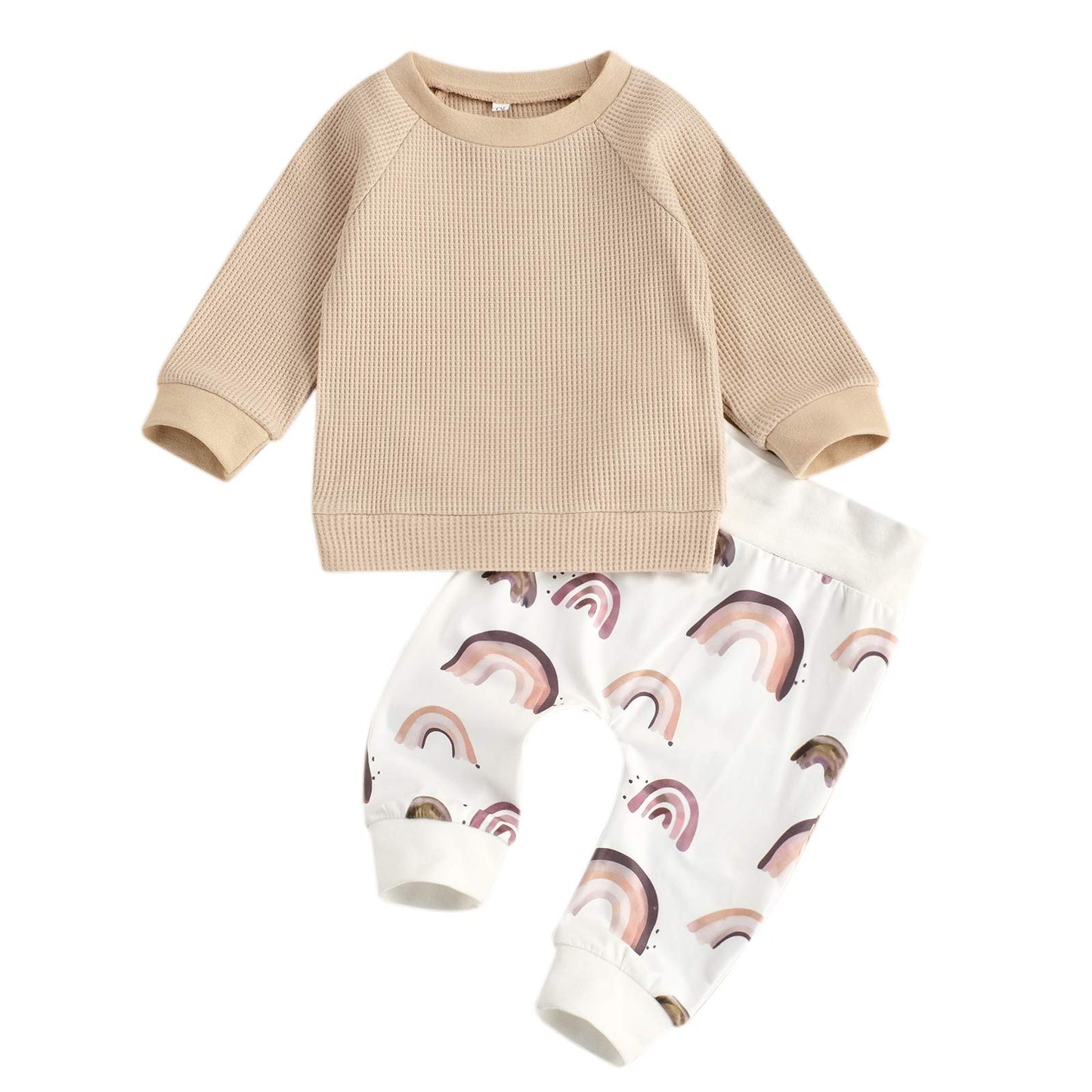 Douhoow Autumn Baby Boy Girl Clothes Long Sleeve T-Shirt Top Rainbow Pants Two Piece Outfit Set 0-24M (Khaki, 6-12M)