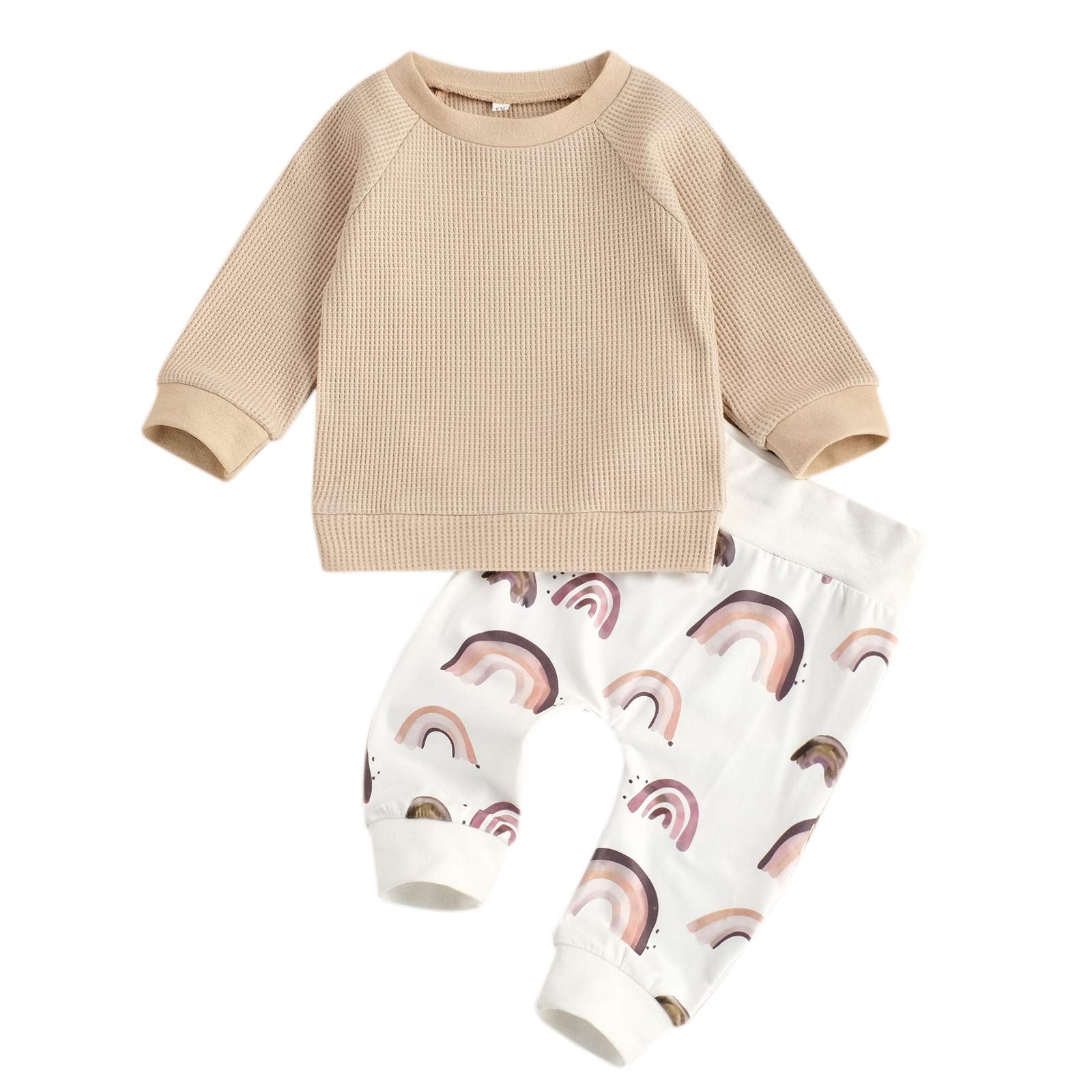 Douhoow Autumn Baby Boy Girl Clothes Long Sleeve T-Shirt Top Rainbow Pants Two Piece Outfit Set 0-24M (Khaki, 6-12M)