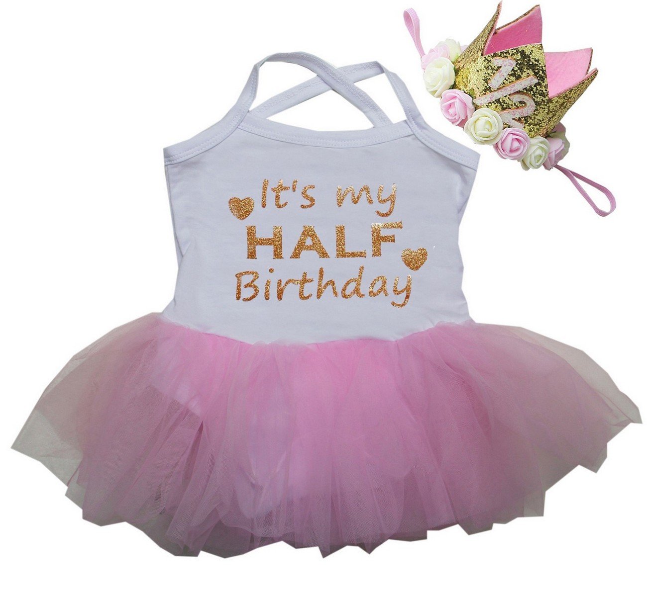 Kirei Sui Baby Half Birthday Dress Tutu Bodysuit 1/2 Crown Headband L White Pink