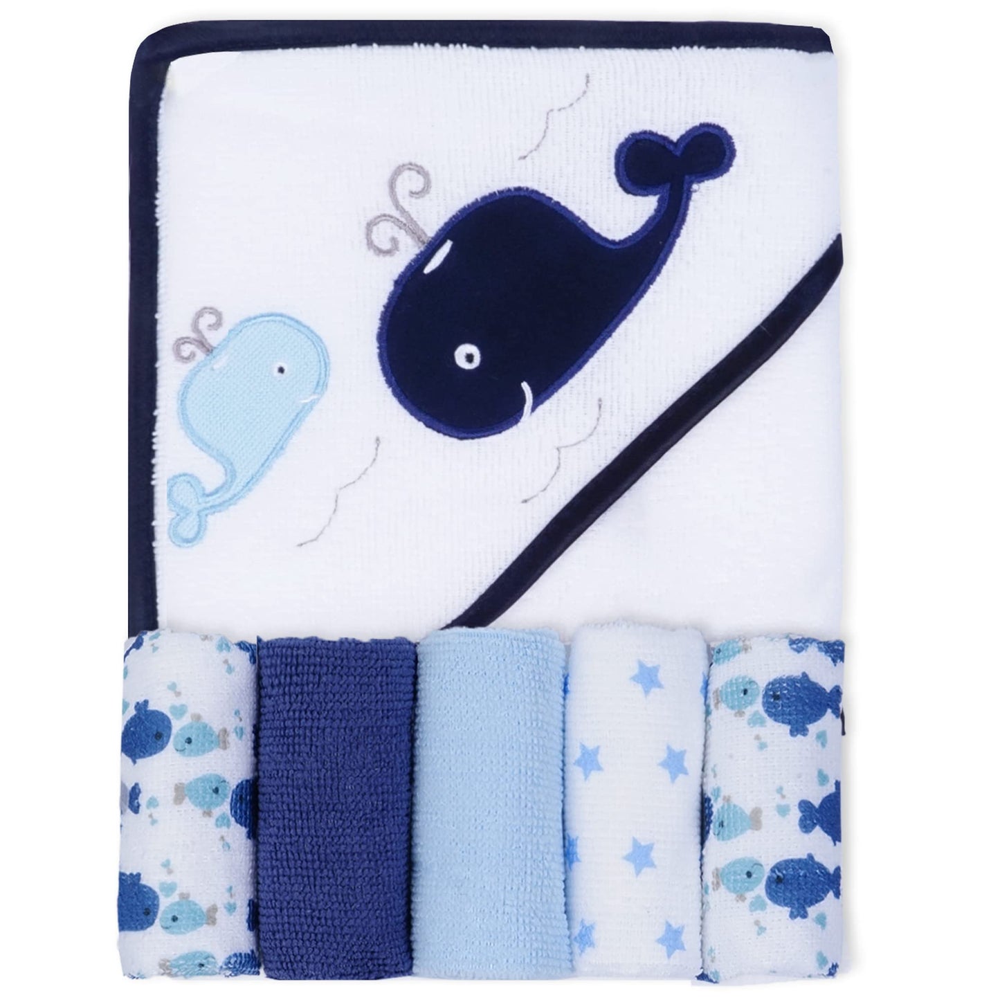 Viviland Baby Towels and Washcloths, Soft Absorbent Baby Boy Bath Towel Set, Whale Hooded Towels with 5 Infant Washcloths,(6 Pie