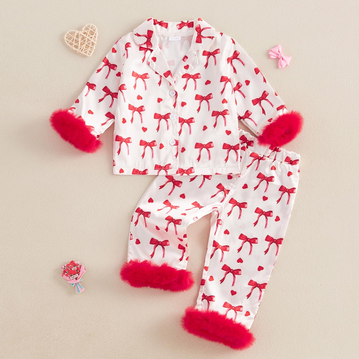 Kuriozud Toddler Girl Pajamas Valentines Day Baby Silk Satin Nightgown Little Kids Girls Pjs Button Down 2 Piece Pajamas Set (Va