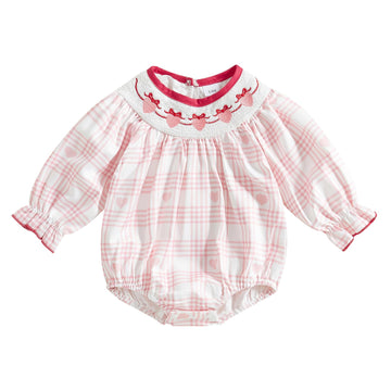 Ayalinggo Newborn Smocked Baby Girl Outfit Hearts Plaid Long Sleeve Bubble Romper Bodysuit Infant Cute Valentines Day Clothes (R