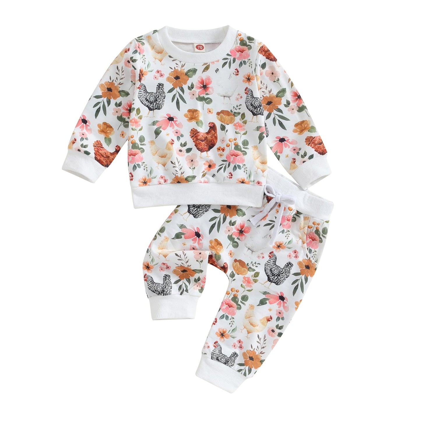 Shuing Toddler Infant Girl Boy Farm Outfit Chick& Flower Print Long Sleeve Sweatshirts Elastic Waist Pants Fall Clothes (White,