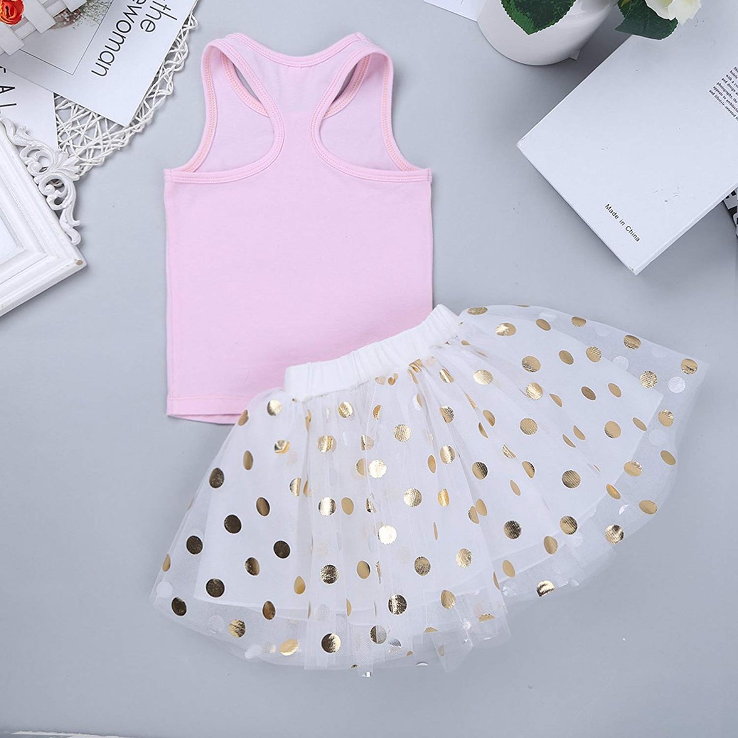 CM C&M WODRO Toddler Kids Baby Girls Birthday Princess Outfits Vest Sleeveless Tank Top Dot Mesh Tutu Skirt 2PCS Summer Skirt Se