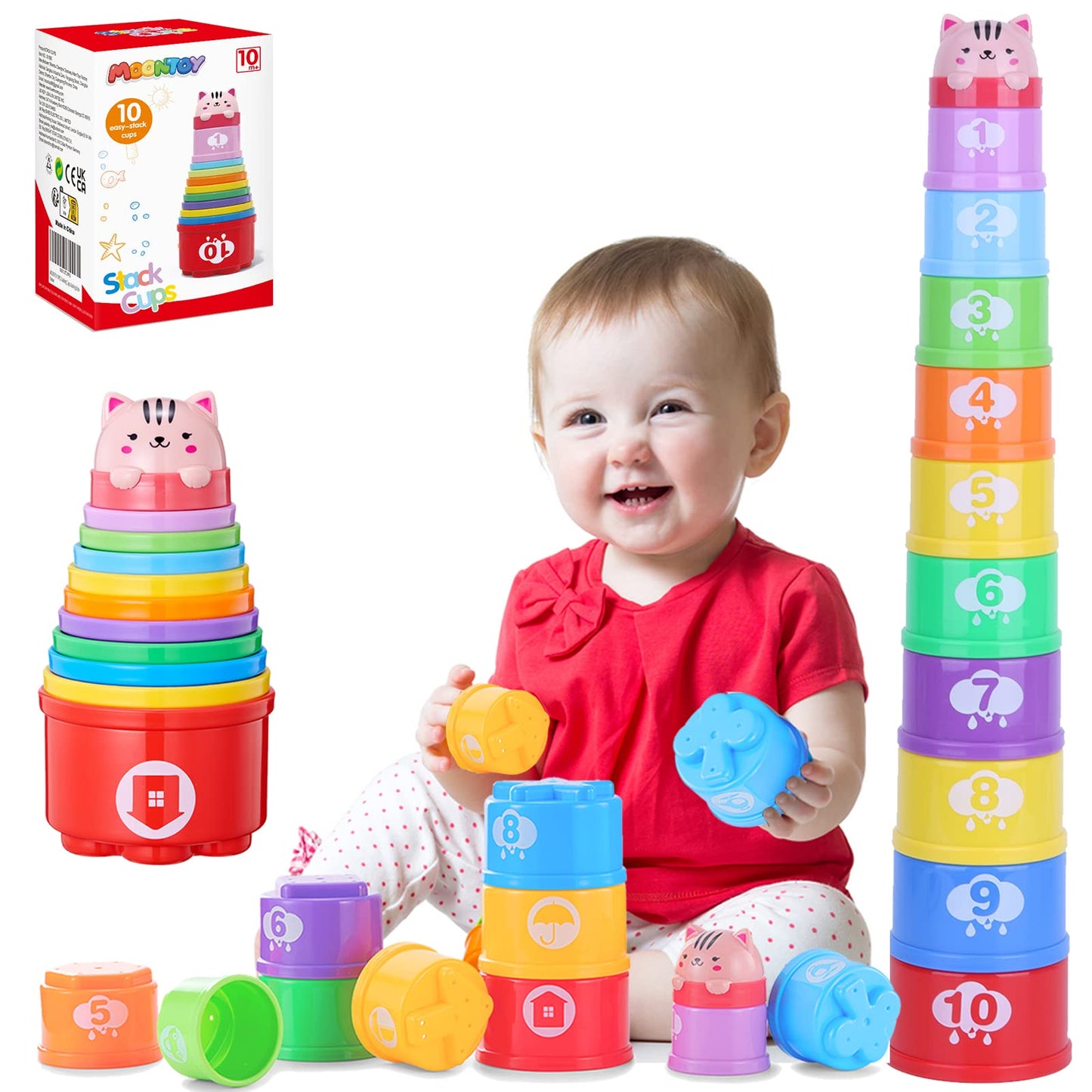 MOONTOY Stacking Cups Baby Toys 6 10 12 18 Months, Montessori Toys for 1 Year Old Toddler Learning Toys with Numbers Shapes Patt