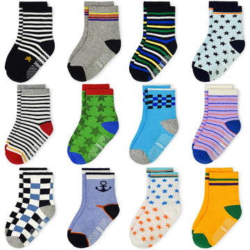 Tphon 12 Pairs Toddler Non Skid Socks With Grips Anti Slip Bottom, Cotton Non Slip Ankle Crew Socks For Boys, Girls, Kids(1-3Yea