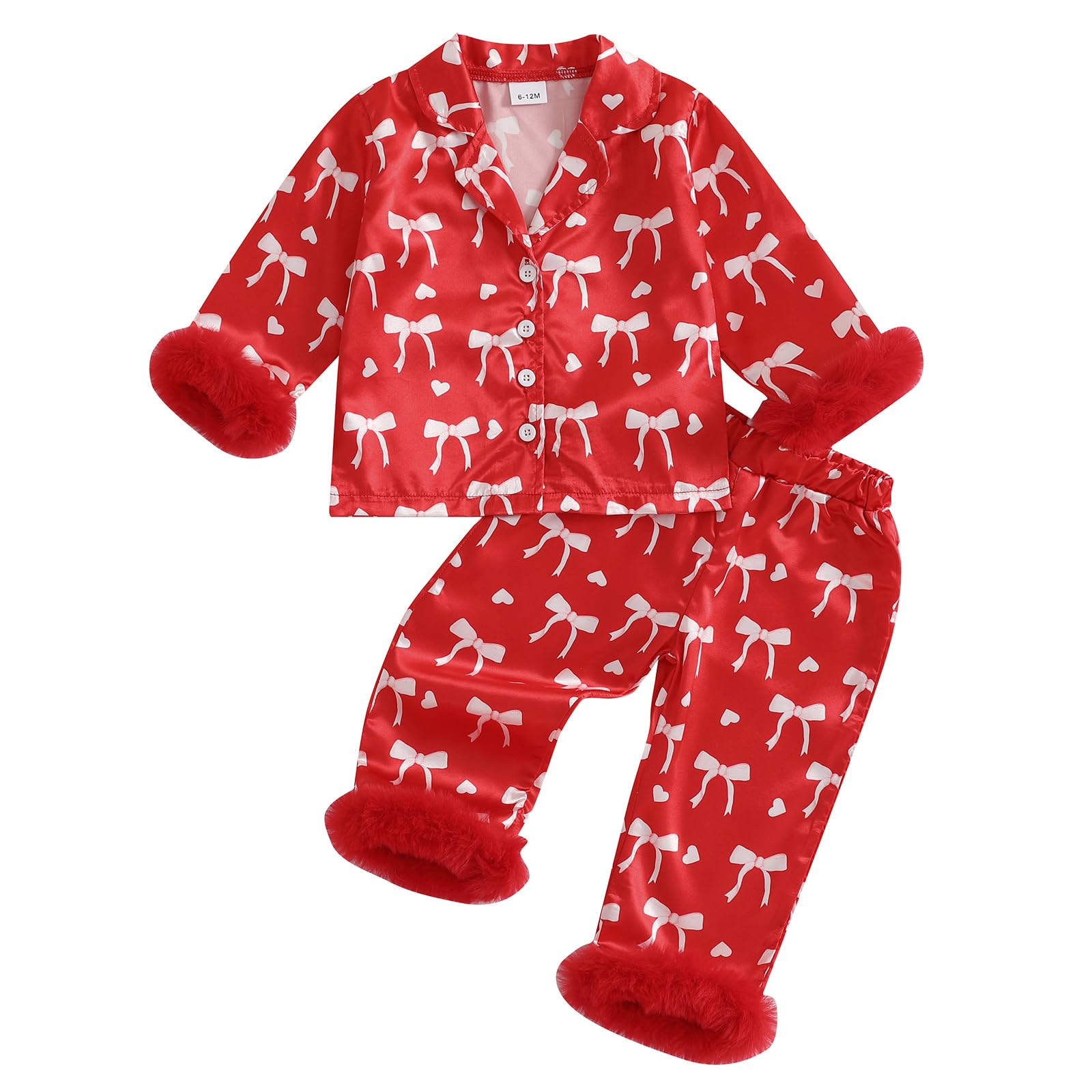 DuAnyozu Toddler Baby Girl Satin Valentines Pajamas Set Feather Trim Heart Print Little Girl Valentines Pjs Spring Clothes (Vale