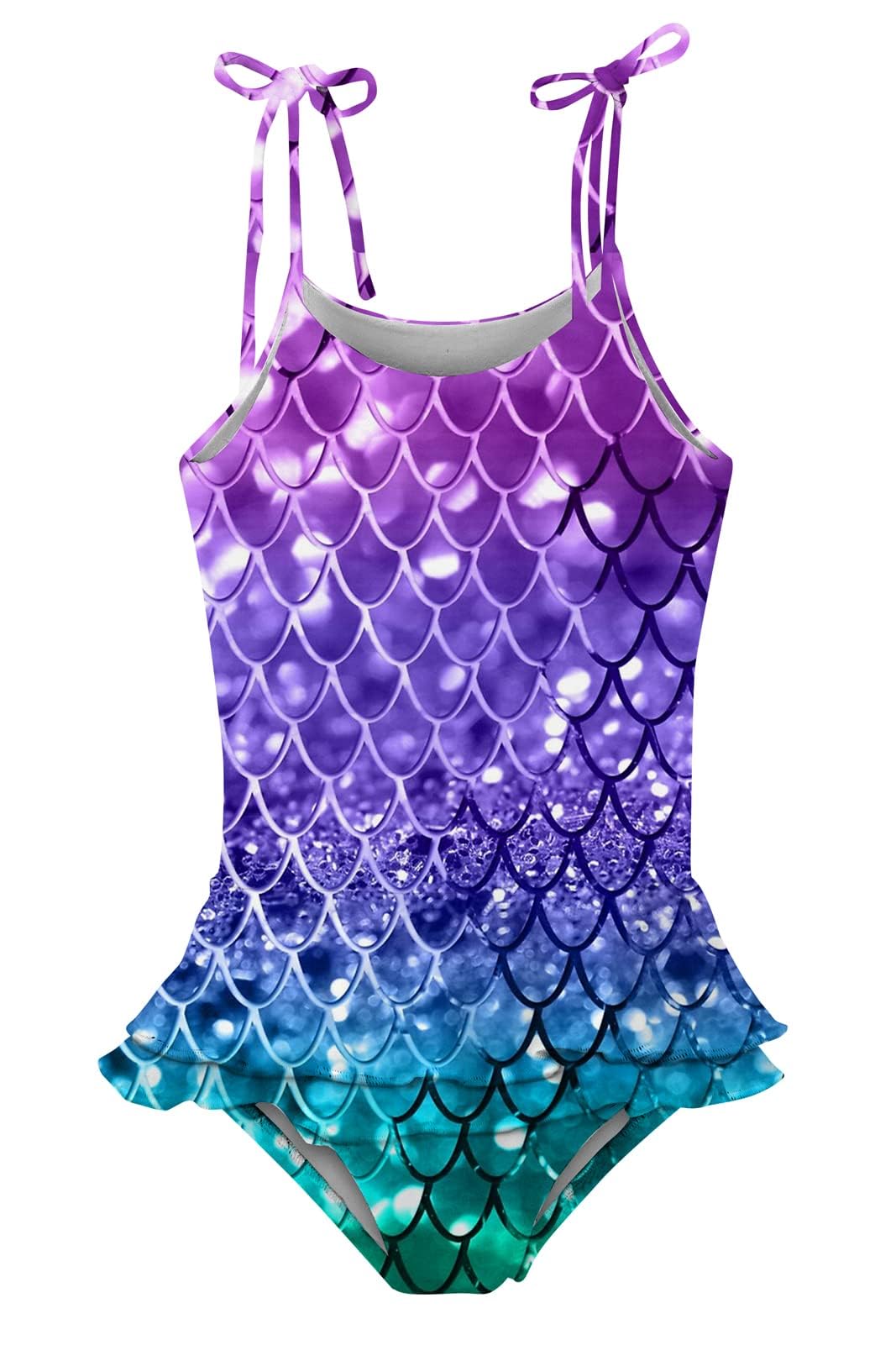 Lovekider Girl One Piece Bathing Suit Ruffle Off Shoulder Swimsuit Purple Mermaid Scales Cute Print Summer Bikini Swimwear 8-9 Y